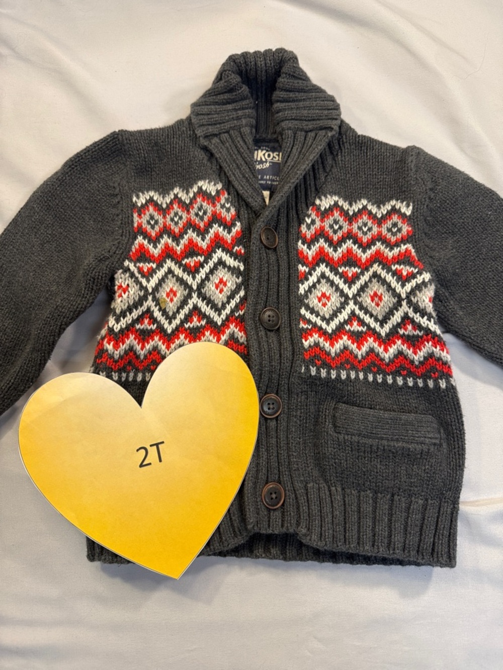 OshKosh B'gosh - Grey Knit Cardigan sweater with Red and White Pattern